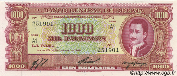 1000 Bolivianos BOLIVIE  1945 P.149 NEUF