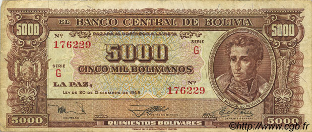 5000 Bolivianos BOLIVIE  1945 P.150 TB