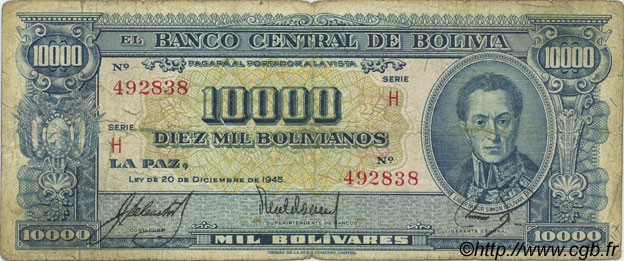 10000 Bolivianos BOLIVIE  1945 P.151 B+
