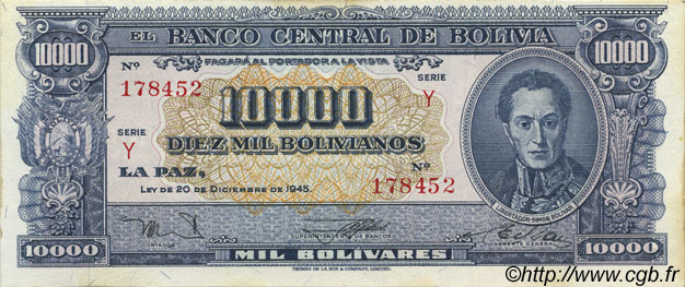 10000 Bolivianos BOLIVIE  1945 P.151 SPL