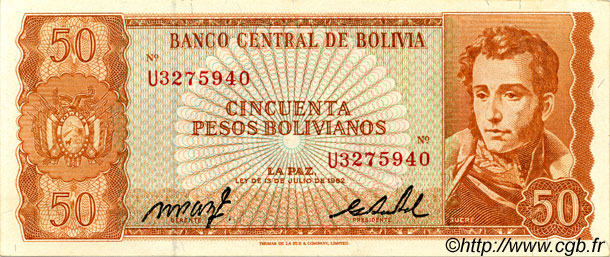 50 Pesos Bolivianos BOLIVIE  1962 P.162a SUP+