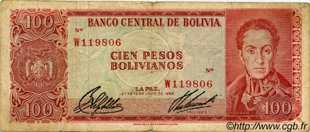 100 Pesos Bolivianos BOLIVIE  1962 P.163a B+
