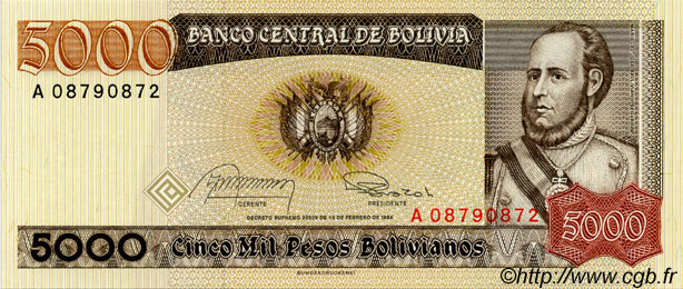 5000 Pesos Bolivianos BOLIVIA  1984 P.168a UNC
