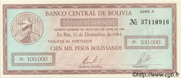 100000 Pesos Bolivianos BOLIVIE  1984 P.188 SPL