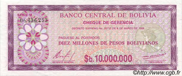 10000000 Pesos Bolivianos BOLIVIE  1985 P.194a pr.SPL
