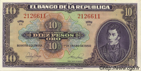 10 Pesos Oro COLOMBIE  1950 P.389e NEUF