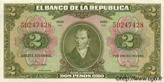 2 Pesos Oro COLOMBIE  1955 P.390d NEUF