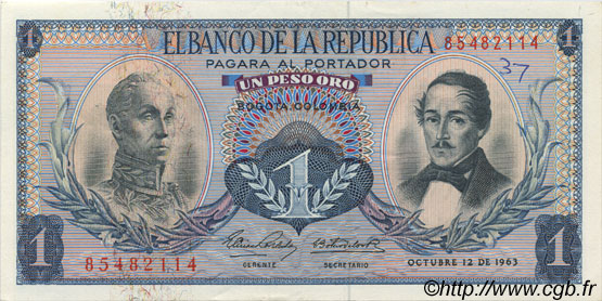 1 Peso Oro COLOMBIE  1963 P.404b TTB
