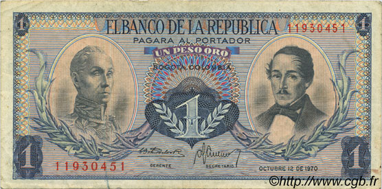 1 Peso Oro COLOMBIE  1970 P.404e pr.TTB