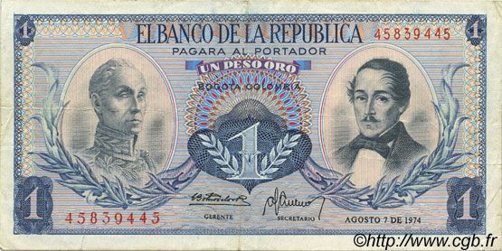1 Peso Oro COLOMBIA  1974 P.404e MBC+