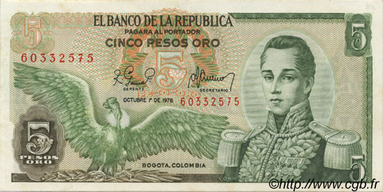 5 Pesos Oro COLOMBIE  1978 P.406f SUP
