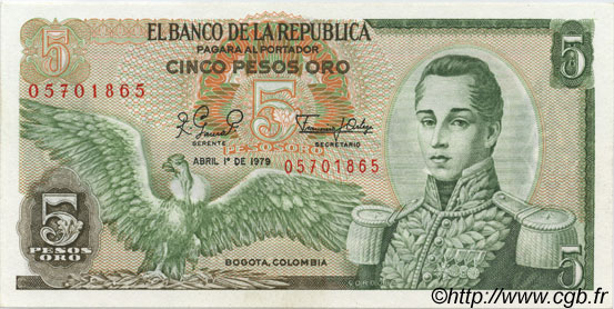 5 Pesos Oro COLOMBIE  1979 P.406f NEUF