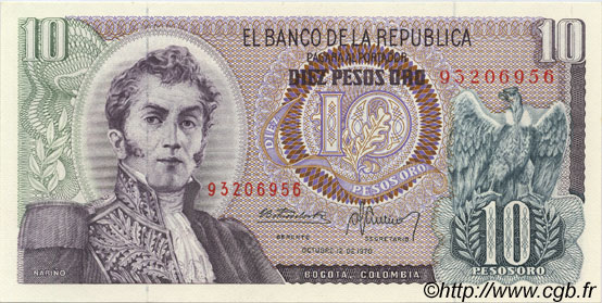 10 Pesos Oro COLOMBIE  1970 P.407d NEUF