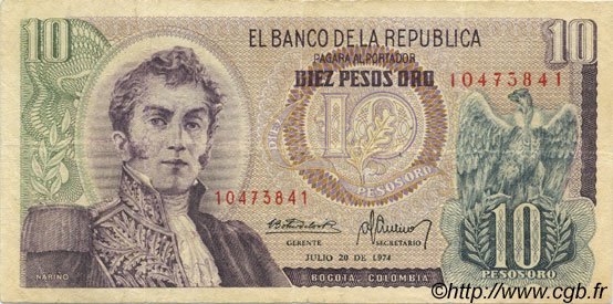 10 Pesos Oro COLOMBIE  1974 P.407f TB+