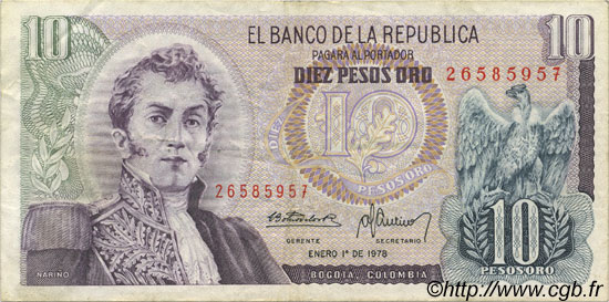 10 Pesos Oro COLOMBIE  1978 P.407f TTB