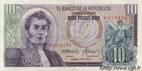 10 Pesos Oro COLOMBIE  1978 P.407f SUP