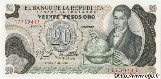 20 Pesos Oro COLOMBIA  1982 P.409d FDC