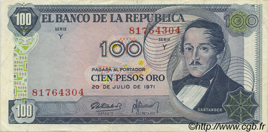 100 Pesos Oro COLOMBIE  1971 P.410c SUP