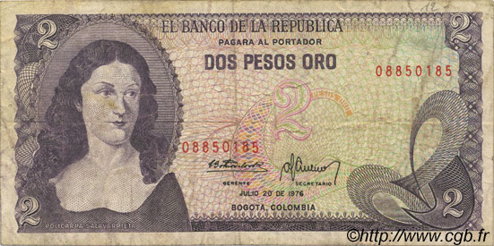 2 Pesos Oro COLOMBIE  1976 P.413b TB