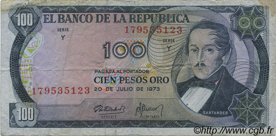 100 Pesos Oro COLOMBIE  1973 P.415 TB