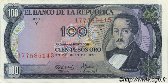 100 Pesos Oro COLOMBIE  1973 P.415 SUP+