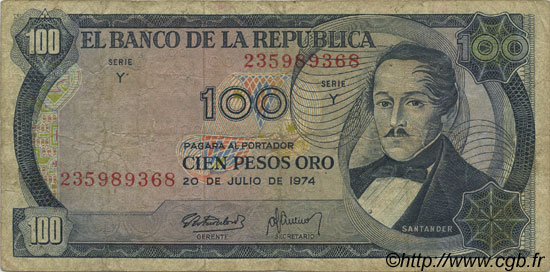 100 Pesos Oro COLOMBIE  1974 P.415 pr.TB
