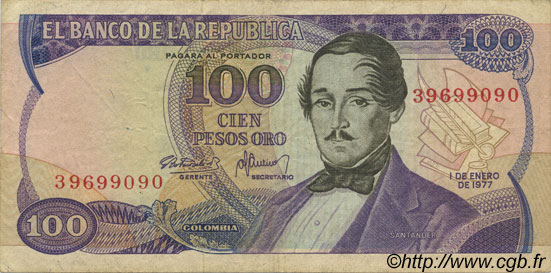 100 Pesos Oro COLOMBIE  1977 P.418a TTB+