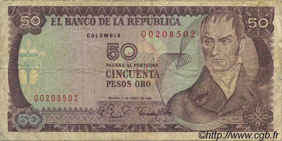 50 Pesos Oro COLOMBIE  1980 P.422a TB