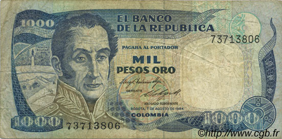 1000 Pesos Oro COLOMBIE  1984 P.424b TB