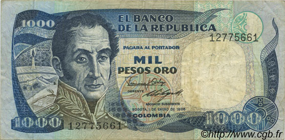 1000 Pesos Oro COLOMBIA 1986 P.424c MBC