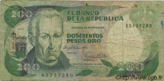 200 Pesos Oro COLOMBIE  1983 P.429a TB