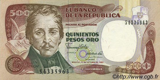 500 Pesos Oro COLOMBIE  1990 P.431 NEUF