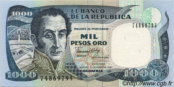 1000 Pesos Oro COLOMBIE  1990 P.432 pr.NEUF