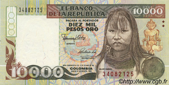 10000 Pesos Oro COLOMBIE  1992 P.437 pr.NEUF