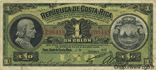 1 Colon COSTA RICA  1914 P.143 TTB