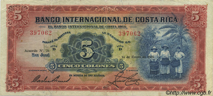 5 Colones COSTA RICA  1936 P.180a pr.TTB