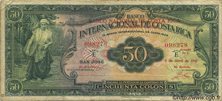 50 Colones COSTA RICA  1941 P.193 TB