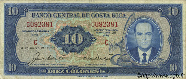 10 Colones COSTA RICA  1969 P.230a TTB