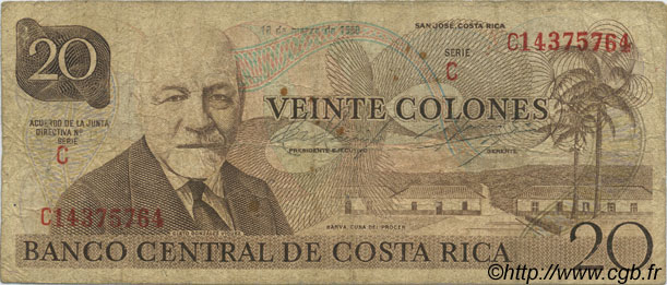 20 Colones COSTA RICA  1980 P.238c B+