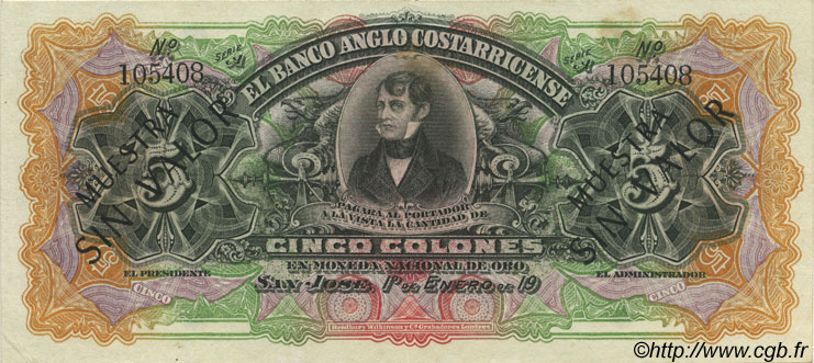5 Colones Spécimen COSTA RICA  1917 PS.122s2 SPL+
