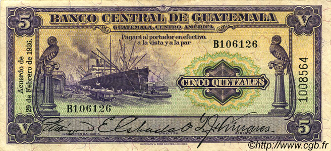 5 Quetzales GUATEMALA  1936 P.016a SUP