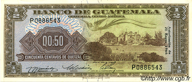 50 Centavos de Quetzal GUATEMALA  1966 P.051 pr.NEUF