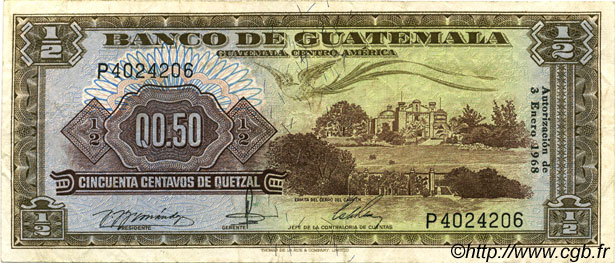 50 Centavos de Quetzal GUATEMALA  1968 P.051 TTB