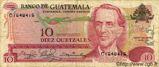 10 Quetzales GUATEMALA  1981 P.061c TB