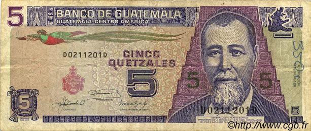 5 Quetzales GUATEMALA  1992 P.074 TB