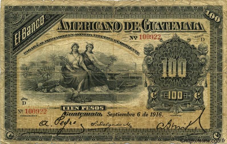 100 Pesos GUATEMALA  1916 PS.114a B+
