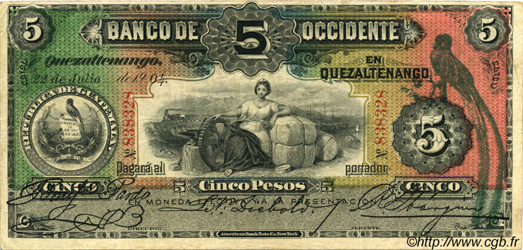 5 Pesos GUATEMALA  1904 PS.176b TTB
