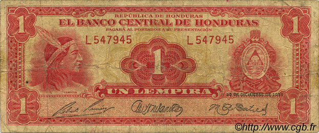 1 Lempira HONDURAS  1951 P.045b B