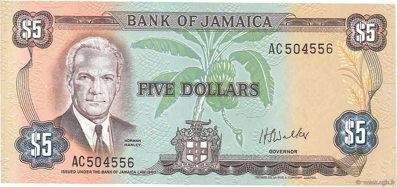5 Dollars JAMAICA  1976 P.61b UNC