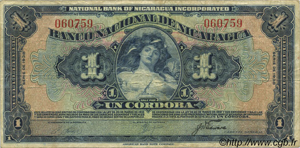 1 Cordoba NICARAGUA  1938 P.063b TB